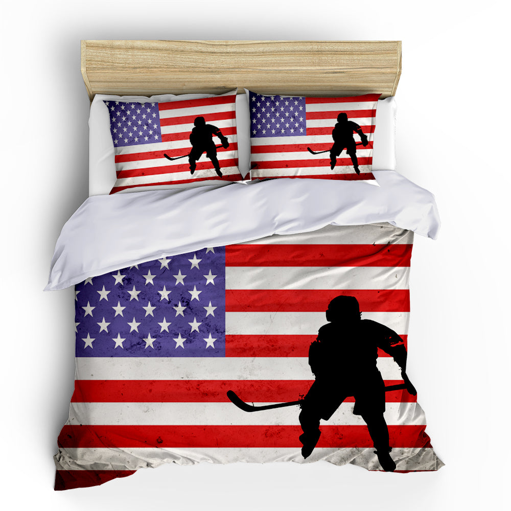 Duvet Cover Set, Ice Hockey Player USA Flag Decorative bedding