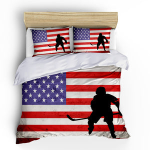 Duvet Cover Set, Ice Hockey Player USA Flag Decorative bedding