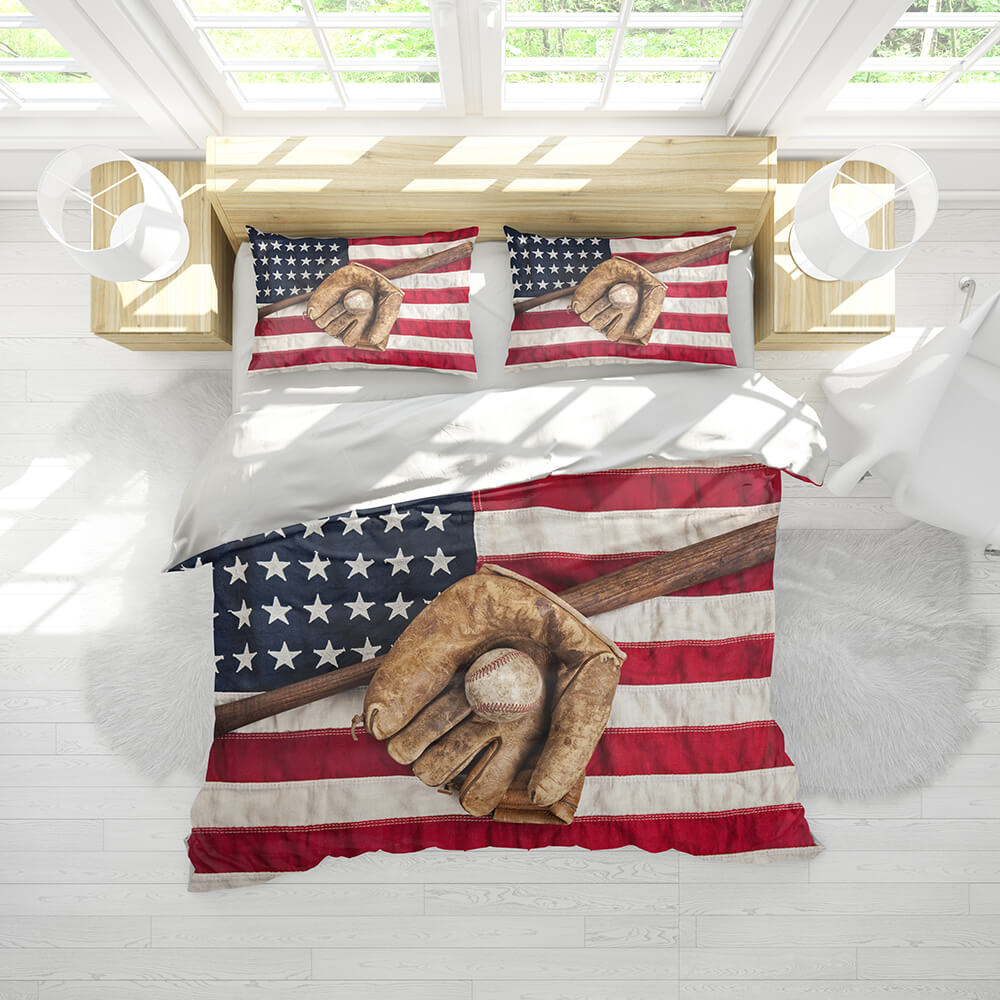 Baseball Duvet Cover Set, USA Flag with Glove Decorative Bedding